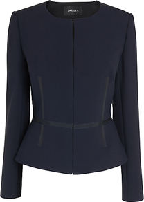 Grosgrain Jacket, Navy - pattern: plain; style: single breasted blazer; collar: round collar/collarless; predominant colour: navy; occasions: evening, work, occasion; length: standard; fit: tailored/fitted; fibres: polyester/polyamide - mix; waist detail: fitted waist; sleeve length: long sleeve; sleeve style: standard; collar break: medium; pattern type: fabric; pattern size: standard; texture group: woven light midweight