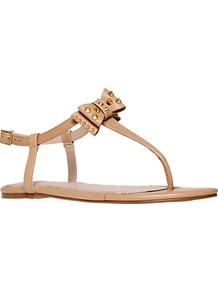 Missouri Leather Studded T Bar Sandals - predominant colour: camel; occasions: casual, holiday; material: leather; heel height: flat; embellishment: studs; ankle detail: ankle strap; heel: standard; toe: toe thongs; style: flip flops / toe post; finish: plain; pattern: plain