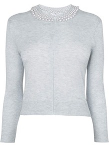 Margot Pearl Collar Cardigan Grey Crystal Melange - neckline: round neck; pattern: plain; bust detail: added detail/embellishment at bust; predominant colour: light grey; occasions: casual, evening, work; length: standard; style: standard; fit: slim fit; sleeve length: long sleeve; sleeve style: standard; texture group: knits/crochet; pattern type: knitted - fine stitch; embellishment: pearls; fibres: viscose/rayon - mix
