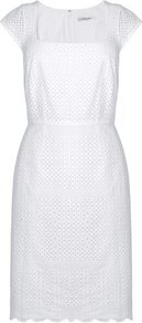 Britani Broderie Anglaise Dress White - style: shift; sleeve style: capped; fit: tailored/fitted; pattern: plain; waist detail: belted waist/tie at waist/drawstring; predominant colour: white; occasions: casual, evening, work, occasion, holiday; length: on the knee; fibres: cotton - 100%; sleeve length: short sleeve; trends: glamorous day shifts; neckline: medium square neck; pattern type: fabric; texture group: broiderie anglais