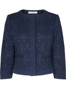 Livia Broderie Anglaise Jacket Blue Navy - collar: round collar/collarless; length: cropped; style: boxy; predominant colour: navy; occasions: casual; fit: straight cut (boxy); fibres: cotton - 100%; sleeve length: 3/4 length; sleeve style: standard; collar break: high/illusion of break when open; texture group: broiderie anglais