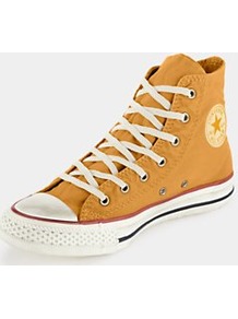 Well Worn Chuck Taylor All Star Washed Hi Tops - predominant colour: mustard; occasions: casual; material: fabric; heel height: flat; embellishment: studs; ankle detail: ankle tie; toe: round toe; style: trainers; finish: plain; pattern: plain