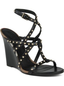 Towney Wedge Sandals - predominant colour: black; occasions: evening, occasion, holiday; material: leather; heel height: high; embellishment: studs; ankle detail: ankle strap; heel: wedge; toe: open toe/peeptoe; style: strappy; finish: plain; pattern: plain