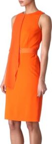 Daphne Dress - style: shift; fit: tailored/fitted; pattern: plain; sleeve style: sleeveless; waist detail: fitted waist; bust detail: ruching/gathering/draping/layers/pintuck pleats at bust; predominant colour: bright orange; occasions: evening, work; length: on the knee; fibres: viscose/rayon - stretch; neckline: crew; sleeve length: sleeveless; trends: fluorescent; pattern type: fabric; texture group: other - light to midweight