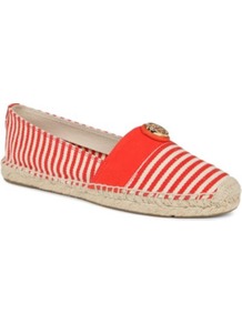 Beacher Stripe Espadrilles - predominant colour: true red; occasions: casual, holiday; material: fabric; heel height: flat; toe: round toe; style: ballerinas / pumps; finish: plain; pattern: striped; embellishment: chain/metal