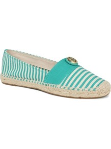 Beacher Stripe Espadrilles - predominant colour: turquoise; occasions: casual, holiday; material: fabric; heel height: flat; toe: round toe; style: ballerinas / pumps; finish: plain; pattern: striped; embellishment: chain/metal