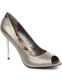 Reagan Peep Toe Shoes - predominant colour: silver; occasions: evening, occasion; material: leather; heel height: high; heel: stiletto; toe: open toe/peeptoe; style: courts; trends: metallics; finish: metallic; pattern: animal print