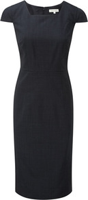 Navy End On End Dress - style: shift; length: below the knee; neckline: high square neck; sleeve style: capped; fit: tailored/fitted; pattern: plain; waist detail: fitted waist; predominant colour: navy; occasions: casual, evening, work; fibres: wool - mix; sleeve length: short sleeve; pattern type: fabric; texture group: other - light to midweight
