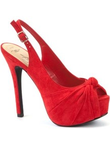 Red Knotted Slingback Heels - predominant colour: true red; occasions: evening, occasion; material: faux leather; heel height: high; embellishment: buckles; heel: platform; toe: open toe/peeptoe; style: slingbacks; finish: plain; pattern: plain