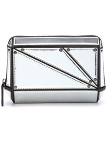 Silver Structured Box Clutch - predominant colour: silver; occasions: evening, occasion; type of pattern: small; style: clutch; length: hand carry; size: small; material: faux leather; pattern: plain; trends: metallics; finish: metallic