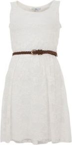 Cream Lace Belted Skater Dress - length: mid thigh; neckline: round neck; pattern: plain; sleeve style: sleeveless; waist detail: belted waist/tie at waist/drawstring; predominant colour: white; occasions: casual, evening, holiday; fit: fitted at waist & bust; style: fit & flare; fibres: polyester/polyamide - 100%; hip detail: soft pleats at hip/draping at hip/flared at hip; sleeve length: sleeveless; texture group: lace; pattern type: fabric; pattern size: standard; embellishment: embroidered
