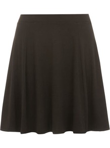 Black Jersey Skater - length: mid thigh; pattern: plain; fit: loose/voluminous; waist detail: fitted waist; waist: high rise; predominant colour: black; occasions: casual; style: a-line; fibres: viscose/rayon - stretch; hip detail: soft pleats at hip/draping at hip/flared at hip; pattern type: fabric; texture group: jersey - stretchy/drapey