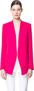Linen Blazer - pattern: plain; style: single breasted blazer; length: below the bottom; collar: standard lapel/rever collar; predominant colour: hot pink; occasions: casual, evening, work, occasion; fit: tailored/fitted; fibres: linen - mix; waist detail: fitted waist; back detail: back vent/flap at back; sleeve length: long sleeve; sleeve style: standard; texture group: cotton feel fabrics; trends: tuxedo, fluorescent; collar break: low/open; pattern type: fabric; pattern size: standard
