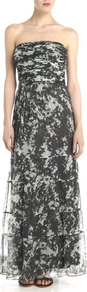 Dapple Leaf Maxi Dress - neckline: strapless (straight/sweetheart); style: maxi dress; sleeve style: strapless; waist detail: fitted waist; hip detail: fitted at hip; bust detail: ruching/gathering/draping/layers/pintuck pleats at bust; secondary colour: ivory; predominant colour: black; occasions: evening, occasion; length: floor length; fit: fitted at waist & bust; fibres: polyester/polyamide - 100%; sleeve length: sleeveless; texture group: sheer fabrics/chiffon/organza etc.; pattern type: fabric; pattern size: big & busy; pattern: patterned/print