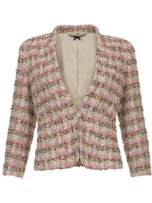 Multicolour Tweed Jacket - style: single breasted blazer; collar: standard lapel/rever collar; pattern: herringbone/tweed; secondary colour: stone; occasions: casual, evening, work, occasion; length: standard; fit: tailored/fitted; fibres: polyester/polyamide - mix; sleeve length: 3/4 length; sleeve style: standard; collar break: medium; pattern type: fabric; pattern size: small & busy; texture group: tweed - light/midweight; predominant colour: dusky pink