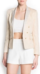 Satin Lapels Double Breasted Blazer - pattern: plain; style: double breasted blazer; collar: standard lapel/rever collar; predominant colour: nude; occasions: casual, evening, work, occasion; length: standard; fit: tailored/fitted; sleeve length: long sleeve; sleeve style: standard; texture group: crepes; trends: tuxedo; collar break: medium; pattern type: fabric; fibres: viscose/rayon - mix