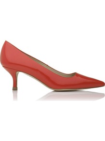 Bury Patent Leather Kitten Heel Orange Coral - predominant colour: terracotta; occasions: occasion; heel height: mid; heel: kitten; toe: pointed toe; style: courts; finish: patent; pattern: plain