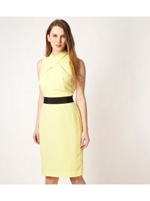 Designer Bright Yellow Cross Neck Dress - style: shift; fit: tailored/fitted; pattern: plain; sleeve style: sleeveless; neckline: high neck; waist detail: fitted waist; predominant colour: primrose yellow; occasions: casual, work, occasion; length: on the knee; fibres: polyester/polyamide - stretch; sleeve length: sleeveless; texture group: crepes; pattern type: fabric