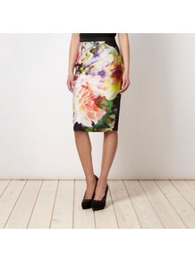 Designer Black Tropical Floral Printed Skirt - length: below the knee; style: pencil; fit: tailored/fitted; waist: mid/regular rise; predominant colour: black; occasions: evening, occasion; fibres: polyester/polyamide - 100%; texture group: structured shiny - satin/tafetta/silk etc.; pattern type: fabric; pattern size: big & busy; pattern: florals