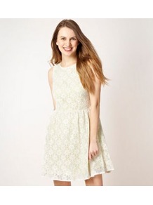 Designer White Neon Lace Dress - length: mid thigh; neckline: round neck; sleeve style: sleeveless; waist detail: fitted waist; predominant colour: white; occasions: casual, evening, occasion; fit: fitted at waist & bust; style: fit & flare; fibres: cotton - mix; hip detail: structured pleats at hip; sleeve length: sleeveless; texture group: lace; pattern type: fabric; pattern size: standard; pattern: patterned/print