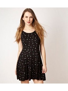 Designer Black Ditsy Spot Dress - length: mid thigh; fit: fitted at waist; sleeve style: sleeveless; waist detail: fitted waist; pattern: polka dot; predominant colour: black; occasions: casual, holiday; style: fit & flare; neckline: scoop; fibres: cotton - 100%; hip detail: soft pleats at hip/draping at hip/flared at hip; sleeve length: sleeveless; pattern type: fabric; pattern size: small & busy; texture group: jersey - stretchy/drapey