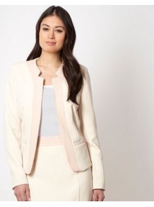 Designer Cream Colour Block Jacket - style: single breasted blazer; collar: standard lapel/rever collar; predominant colour: ivory; occasions: evening, work, occasion; length: standard; fit: tailored/fitted; fibres: polyester/polyamide - mix; sleeve length: extra long; sleeve style: standard; collar break: low/open; pattern type: fabric; pattern size: standard; pattern: colourblock; texture group: woven light midweight