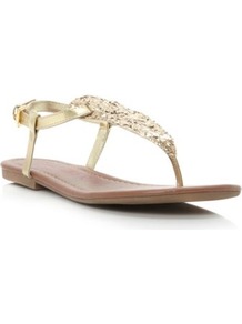 Gold Synthetic Jester Simple Toe Post Sandal - predominant colour: gold; occasions: casual, evening, holiday; material: faux leather; heel height: flat; embellishment: glitter; ankle detail: ankle strap; heel: standard; toe: toe thongs; style: flip flops / toe post; trends: metallics; finish: metallic; pattern: plain