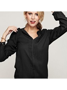 Long Sleeved Black Pleat Blouse In Clever Fabric - pattern: plain; style: blouse; bust detail: ruching/gathering/draping/layers/pintuck pleats at bust; predominant colour: black; occasions: casual, work; length: standard; neckline: collarstand & mandarin with v-neck; fibres: polyester/polyamide - mix; fit: loose; sleeve length: long sleeve; sleeve style: standard; texture group: crepes; pattern type: fabric; pattern size: standard