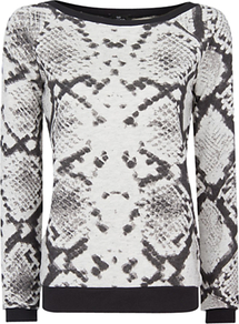Snake Print Jersey Top, Black - neckline: slash/boat neckline; predominant colour: charcoal; occasions: casual; length: standard; style: top; fibres: cotton - mix; fit: straight cut; sleeve length: long sleeve; sleeve style: standard; trends: statement prints; pattern type: fabric; pattern size: big & busy; pattern: animal print; texture group: jersey - stretchy/drapey