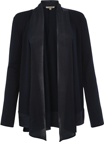 Silk Trim Cardigan, Dark Navy - pattern: plain; neckline: waterfall neck; style: open front; predominant colour: navy; occasions: casual, work; length: standard; fibres: viscose/rayon - stretch; fit: loose; sleeve length: long sleeve; sleeve style: standard; texture group: knits/crochet; pattern type: knitted - fine stitch