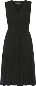 Fit And Flare Tie Dress, Black - style: shift; neckline: v-neck; pattern: plain; waist detail: belted waist/tie at waist/drawstring; predominant colour: black; occasions: casual, work, holiday; length: on the knee; fit: body skimming; fibres: viscose/rayon - stretch; hip detail: soft pleats at hip/draping at hip/flared at hip; sleeve length: sleeveless; sleeve style: standard; pattern type: fabric; pattern size: standard; texture group: jersey - stretchy/drapey