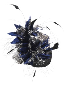 Bibi Feather And Satin Node - predominant colour: navy; occasions: evening, occasion; type of pattern: large; style: fascinator; size: standard; material: macrame/raffia/straw; embellishment: feather; pattern: patterned/print