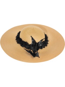 Straw Hat - predominant colour: stone; occasions: casual, holiday; type of pattern: light; style: wide brimmed; size: large; material: macrame/raffia/straw; embellishment: ribbon; pattern: two-tone