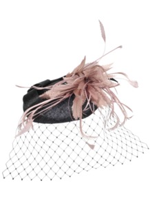 Bibi Node Feather - occasions: evening, occasion; type of pattern: light; style: fascinator; size: standard; material: sinamay; embellishment: feather; pattern: two-tone; predominant colour: dusky pink