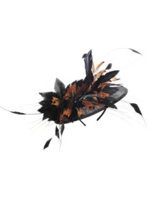 Bibi Feathers - predominant colour: black; occasions: evening, occasion; type of pattern: light; style: fascinator; size: standard; material: sinamay; embellishment: feather; pattern: two-tone
