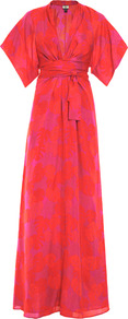 Leaf Print Silk Dress - neckline: plunge; style: maxi dress; sleeve style: kimono; waist detail: wide waistband/cummerbund; predominant colour: hot pink; occasions: evening, holiday; length: floor length; fit: body skimming; fibres: silk - 100%; sleeve length: short sleeve; texture group: silky - light; pattern type: fabric; pattern size: standard; pattern: florals