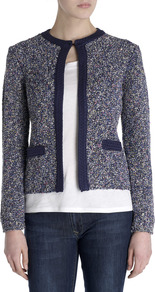 Tweed Knit Jacket - pattern: plain; style: single breasted blazer; collar: round collar/collarless; fit: slim fit; predominant colour: navy; occasions: casual, evening, work; length: standard; fibres: cotton - mix; sleeve length: long sleeve; sleeve style: standard; collar break: high; pattern type: fabric; texture group: tweed - light/midweight