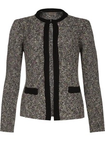 Tweed Knit Jacket - pattern: plain; style: single breasted blazer; collar: round collar/collarless; predominant colour: charcoal; secondary colour: black; occasions: casual, evening, work, occasion; length: standard; fit: tailored/fitted; fibres: cotton - mix; sleeve length: long sleeve; sleeve style: standard; collar break: high; pattern type: fabric; texture group: tweed - light/midweight