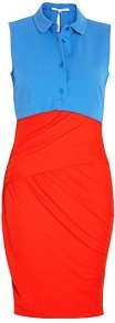 Red Top Two Tone Bandage Shirt Dress - style: shift; neckline: shirt collar/peter pan/zip with opening; sleeve style: sleeveless; waist detail: fitted waist; predominant colour: true red; occasions: casual, evening; length: just above the knee; fit: body skimming; sleeve length: sleeveless; pattern: colourblock; texture group: jersey - stretchy/drapey; fibres: viscose/rayon - mix