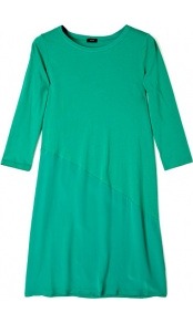 Olivia Silk Cotton Blend 3/4 Sleeve Dress - style: a-line; neckline: round neck; pattern: plain; predominant colour: emerald green; occasions: casual, holiday; length: just above the knee; fit: body skimming; fibres: cotton - mix; sleeve length: 3/4 length; sleeve style: standard; pattern type: fabric; pattern size: standard; texture group: jersey - stretchy/drapey