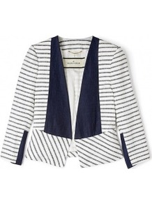 Etioloa Stripe Cotton Jacket - style: single breasted blazer; pattern: striped; collar: shawl/waterfall; predominant colour: navy; occasions: casual, work; length: standard; fit: straight cut (boxy); fibres: acrylic - 100%; sleeve length: 3/4 length; sleeve style: standard; collar break: low/open; pattern type: fabric; pattern size: standard; texture group: woven light midweight
