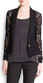 Lace Blazer - pattern: plain; style: single breasted blazer; collar: shawl/waterfall; shoulder detail: contrast pattern/fabric at shoulder; predominant colour: black; occasions: evening, work, occasion; length: standard; fit: tailored/fitted; fibres: polyester/polyamide - 100%; waist detail: fitted waist; sleeve length: long sleeve; sleeve style: standard; texture group: lace; trends: tuxedo; collar break: low/open; pattern type: fabric