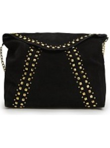 Studded Suede Messenger Bag - predominant colour: black; secondary colour: black; occasions: casual, evening, work; type of pattern: standard; style: messenger; length: across body/long; size: standard; material: suede; embellishment: studs; pattern: plain; finish: plain