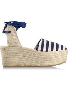 Espadrilles Espadrilles On Shoescribe.Com - predominant colour: navy; occasions: casual, holiday; material: fabric; heel height: mid; embellishment: ribbon; ankle detail: ankle tie; heel: wedge; toe: round toe; style: mules; trends: striking stripes; finish: plain; pattern: striped
