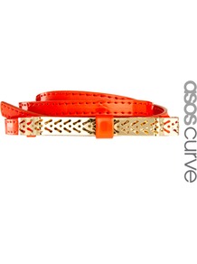 Curve Metal Cut Work Bow Waist Belt - predominant colour: bright orange; occasions: casual, evening, work, holiday; type of pattern: light; style: classic; size: skinny; worn on: waist; material: faux leather; pattern: plain; trends: fluorescent; finish: plain; embellishment: chain/metal