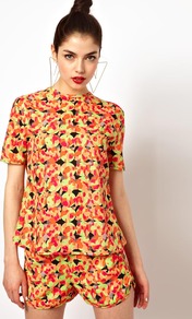 Daisy Woven T Shirt In Circle Camo With Open Back - style: t-shirt; back detail: low cut/open back; predominant colour: yellow; occasions: casual, evening; length: standard; fibres: polyester/polyamide - 100%; fit: body skimming; neckline: crew; sleeve length: short sleeve; sleeve style: standard; trends: modern geometrics; pattern type: fabric; pattern size: small & busy; pattern: patterned/print; texture group: other - light to midweight