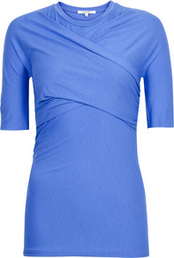 Blue Wrap Front Jersey Top Size - pattern: plain; waist detail: fitted waist; bust detail: ruching/gathering/draping/layers/pintuck pleats at bust; predominant colour: indigo; occasions: casual, evening, work; length: standard; style: top; fibres: cotton - mix; fit: tight; neckline: crew; sleeve length: half sleeve; sleeve style: standard; pattern type: fabric; pattern size: standard; texture group: jersey - stretchy/drapey