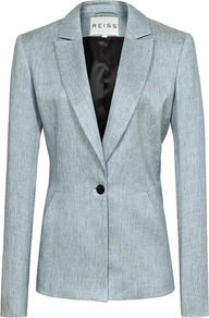 Maddy Rye One Button Jacket - pattern: plain; style: single breasted blazer; collar: standard lapel/rever collar; predominant colour: pale blue; occasions: casual, work; length: standard; fit: tailored/fitted; fibres: linen - mix; waist detail: fitted waist; sleeve length: long sleeve; sleeve style: standard; collar break: medium; pattern type: fabric; pattern size: light/subtle; texture group: woven light midweight