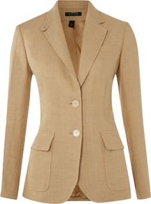 Women's Long Sleeved Hacking Jacket, Tan - pattern: plain; style: single breasted blazer; collar: standard lapel/rever collar; predominant colour: tan; occasions: casual, evening, work; length: standard; fit: tailored/fitted; fibres: linen - 100%; waist detail: fitted waist; sleeve length: long sleeve; sleeve style: standard; texture group: linen; collar break: medium; pattern type: fabric; pattern size: standard