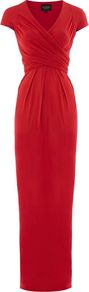 Women's Alyssa Dress, Ruby - neckline: v-neck; sleeve style: capped; pattern: plain; style: maxi dress; waist detail: fitted waist; bust detail: ruching/gathering/draping/layers/pintuck pleats at bust; predominant colour: true red; occasions: evening, occasion; length: floor length; fit: body skimming; fibres: viscose/rayon - 100%; sleeve length: short sleeve; pattern type: fabric; texture group: jersey - stretchy/drapey